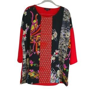 Citron 3/4 Sleeve Oriental Asian Floral Print Crepe Blouse Orange Black Size 1X